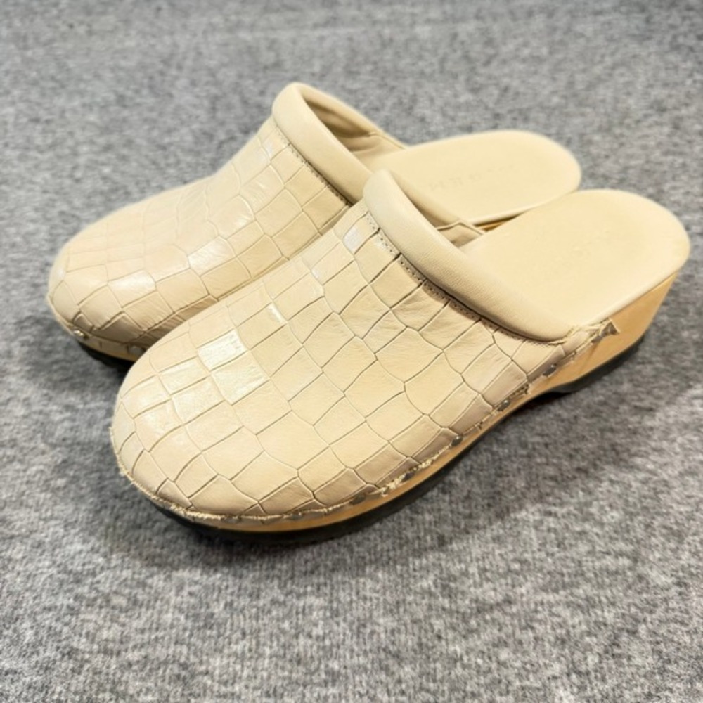 M.Gemi Cream‎ Croc Embossed Leather Wooden Platform Clogs Made in Italy 38.5